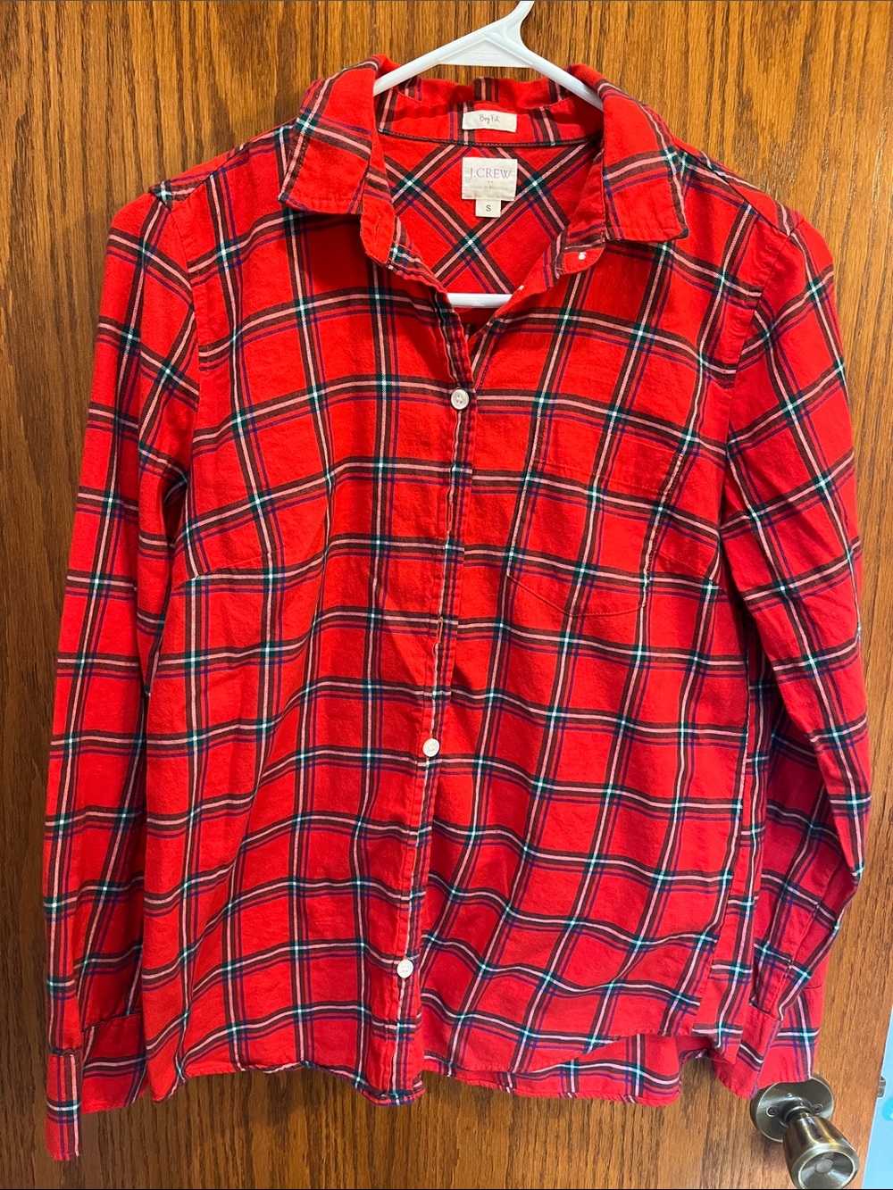 J. Crew Red Plaid Flannel Shirt with Navy and White Accents